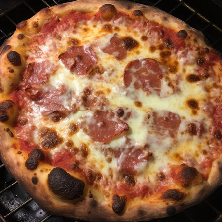 Pizza with salami and mozzarella cheese on the grillの素材