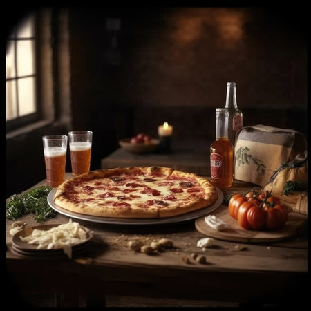 Pizza with two glasses of beer on wooden table in dark roomの素材