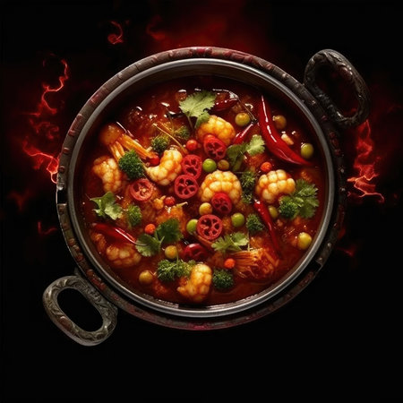 Spicy seafood soup in a pot on a dark backgroundの素材
