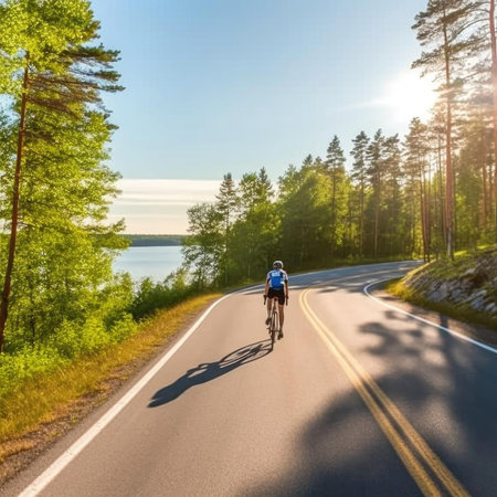 Cyclist riding on the road in the forest - sport and recreationの素材