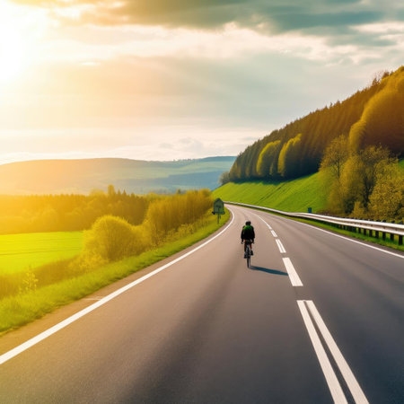 Cyclist rides on the road to the horizon at sunsetの素材