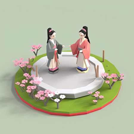 Japanese wedding ceremony in spring, 3d isometric vector illustrationの素材