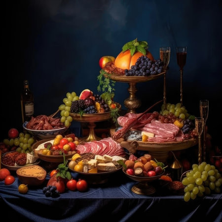 Still life with different types of meat and cheese on a dark backgroundの素材