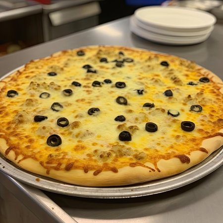 Pizza with olives and cheese on the table in a restaurantの素材