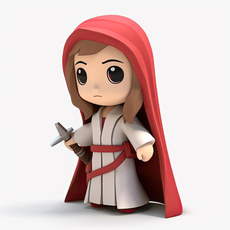 Illustration of a little girl in a medieval costume holding a sword on a white backgroundの素材