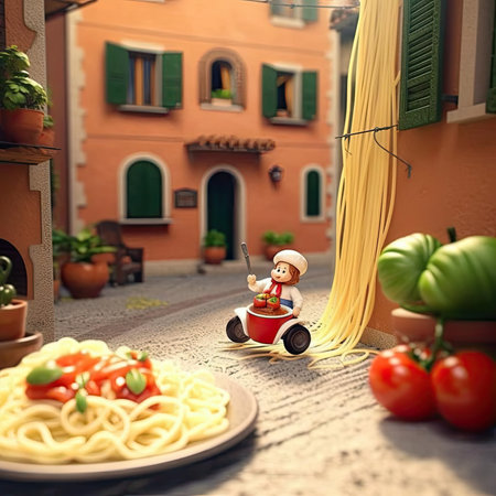 Miniature people and spaghetti on the street - Italian food conceptの素材