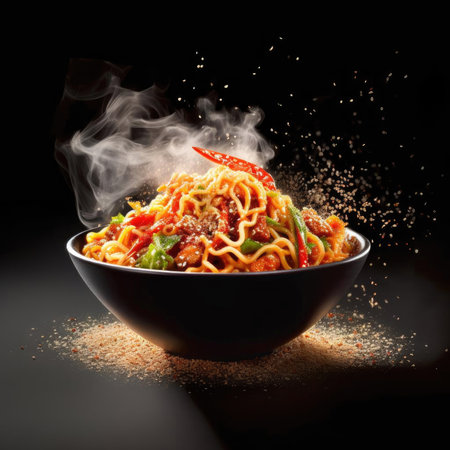 Pasta with meat and vegetables in a bowl on a black backgroundの素材