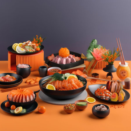 japanese food set on orange background - 3d renderingの素材