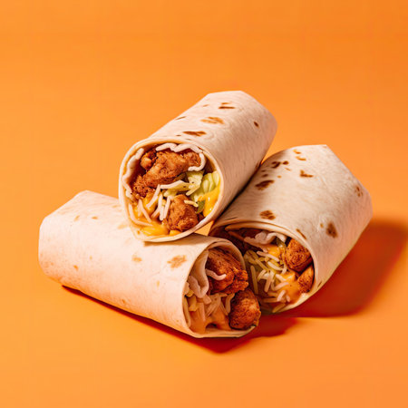 Burrito roll with chicken and vegetables on orange background - fast food conceptの素材