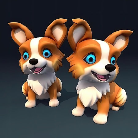 Cartoon Corgi dogs sitting on dark background - 3D Illustrationの素材