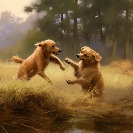 Two golden retriever dogs playing in the forest - digital paintingの素材
