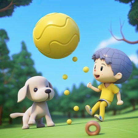 Boy playing with dog and ball in the park, 3d renderの素材