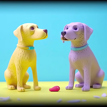 A yellow dog and a purple dog on a blue background - 3d renderingの素材