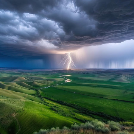 Thunderstorm over green field - stormy sky - nature compositionの素材