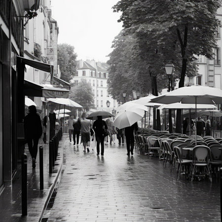 People walking in the street with umbrellas - black and whiteの素材