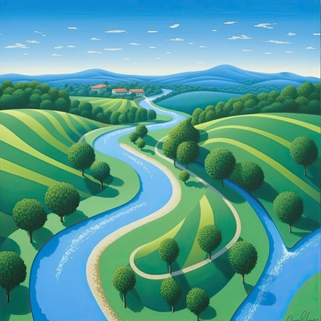 Landscape with winding river and green hills - cartoon vector illustrationの素材