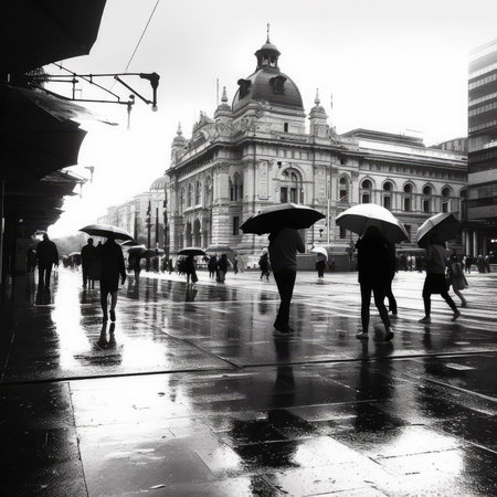 People walking in the rain in a big cityの素材
