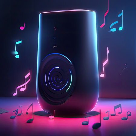 Music speaker with musical notes on a dark background - 3d renderingの素材