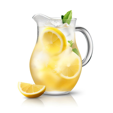 Refreshing lemonade with ice and mint in a jug on a white backgroundの素材