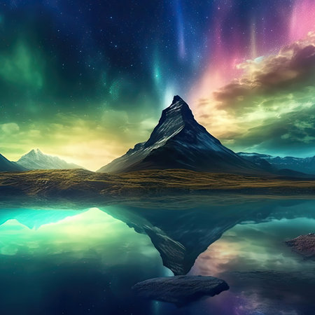 Fantasy landscape with mountains and aurora borealis in the skyの素材