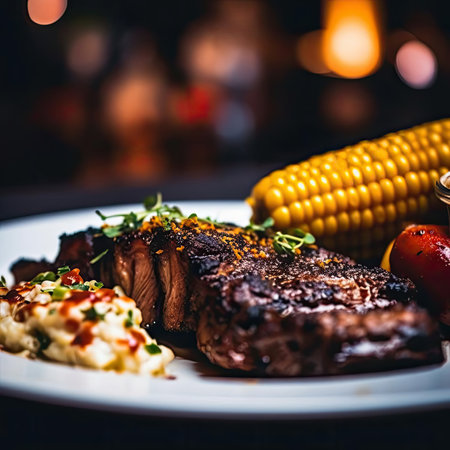 Grilled steak with corn and mashed potatoes on a white plateの素材