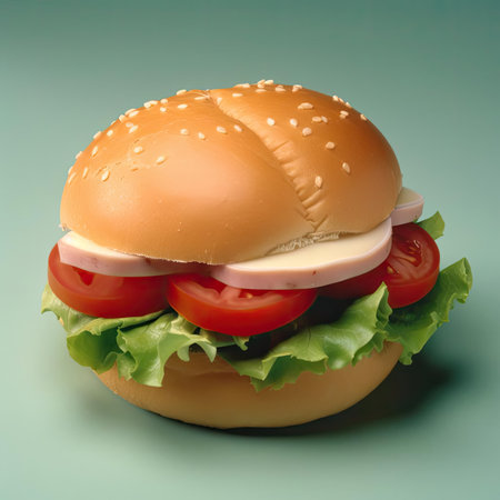 Hamburger with lettuce, tomato and cheese on a green backgroundの素材