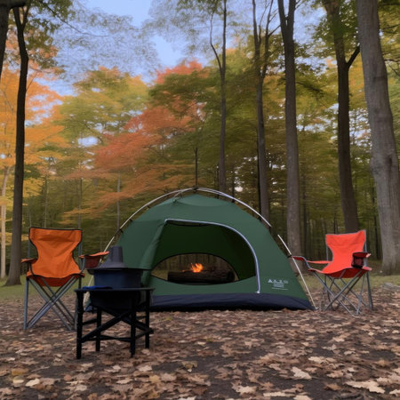 Camping in the autumn forest with a bonfire and a tentの素材
