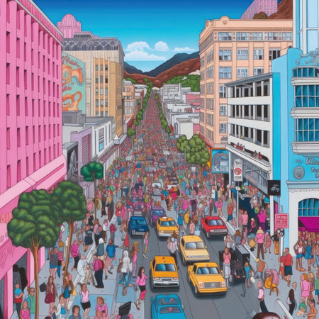 Cartoon street scene with many cars and people - illustrationの素材