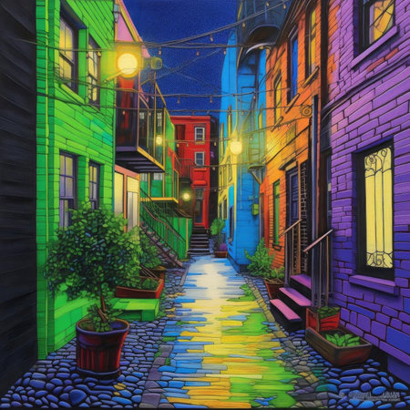 Street with colorful houses in the evening - digital painting in oilの素材