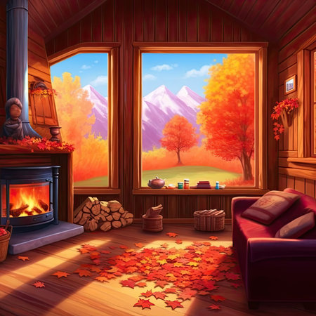 Interior of a wooden house with fireplace and autumn leaves - illustrationの素材