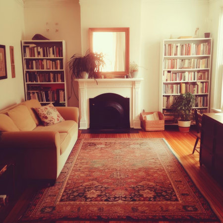Living room with fireplace and armchair, vintage toned imageの素材