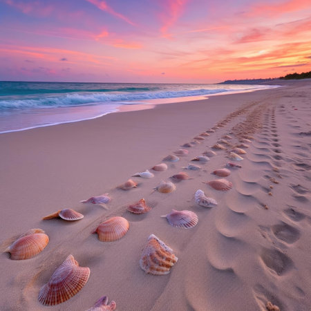 Seashells on the beach at sunset - beautiful natural backgroundの素材