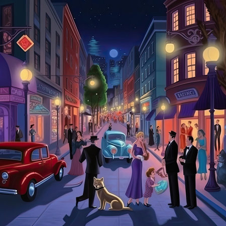 City night scene with people walking on the streetの素材
