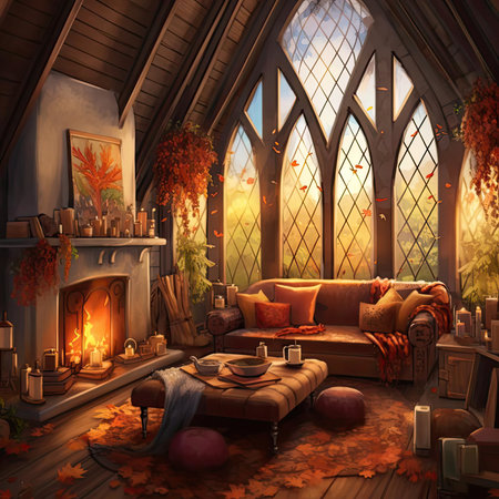 3D render of a beautiful interior of a country house in autumnの素材