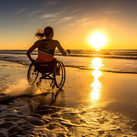 Young woman in a wheelchair on the beach at sunset, silhouetteの素材