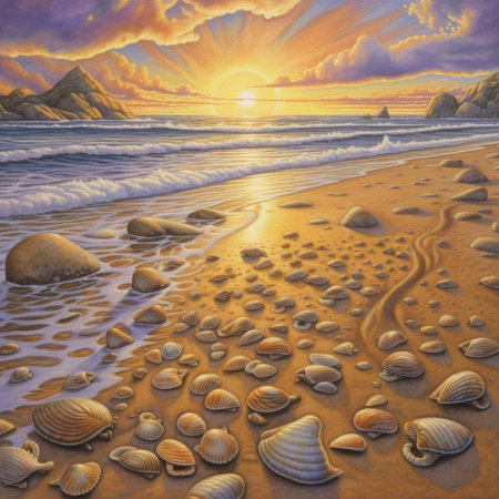 Seashells on a sandy beach at sunset - illustrationの素材