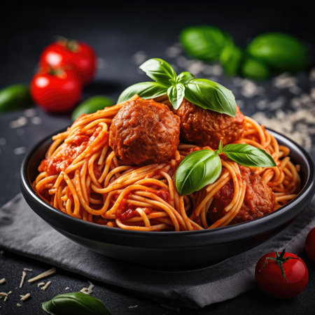 Spaghetti with tomato sauce and meatballs in a bowl on a black backgroundの素材
