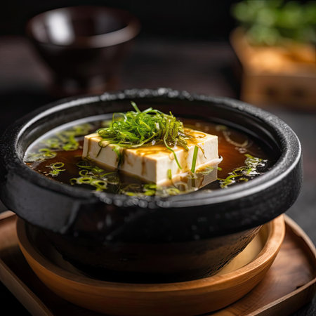 Japanese miso soup with tofu in a black ceramic pot on a dark backgroundの素材