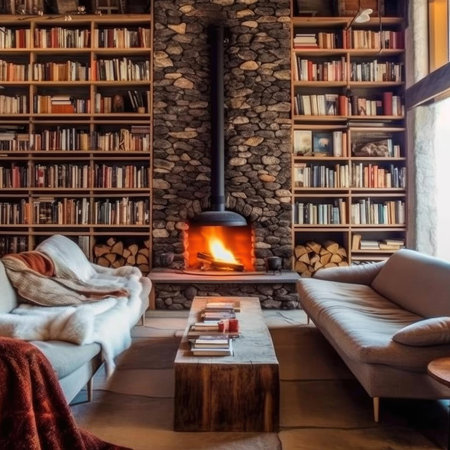 Interior of a cozy living room with fireplace and bookshelvesの素材