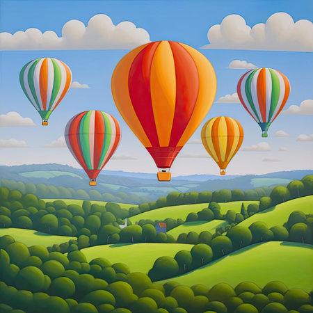 Hot air balloons flying over the green meadow - vector illustrationの素材