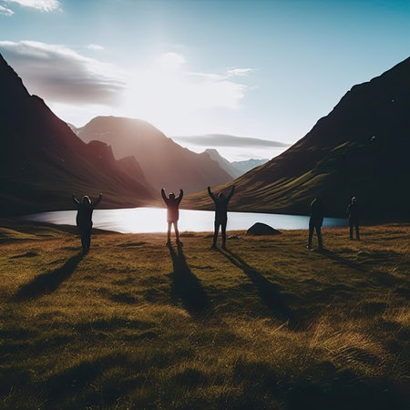 Silhouette of a group of friends standing on top of a mountain and looking at a lakeの素材