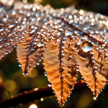 Drops of dew on the autumn leaf in the morningの素材