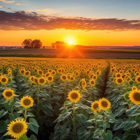 Sunset over sunflower field - beautiful summer landscape with sunflowersの素材