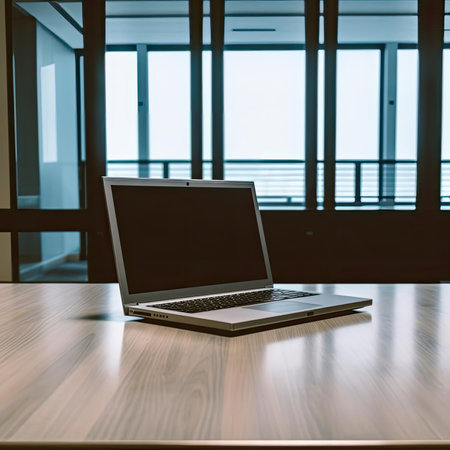 Laptop with blank screen on wooden table in office - 3d renderの素材
