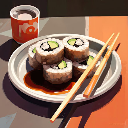 Illustration of a plate with sushi and chopsticks on a tableの素材