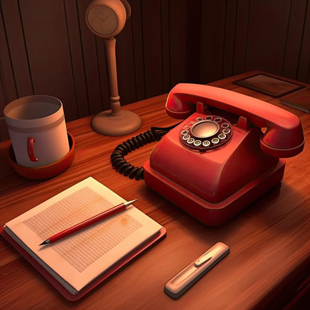 Retro telephone and notebook on the wooden table - 3d renderの素材
