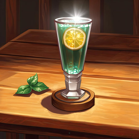 Illustration of a cocktail glass with a slice of lemon on a wooden tableの素材