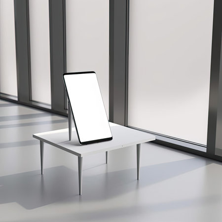 Mockup image of a modern smartphone with a blank white screen standing on a white tableの素材