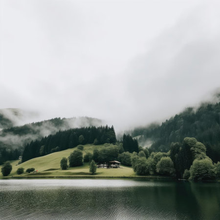 Beautiful mountain lake in the fogの素材