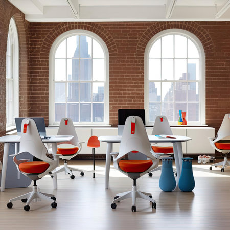 Interior of a modern office with red and orange chairs and computersの素材